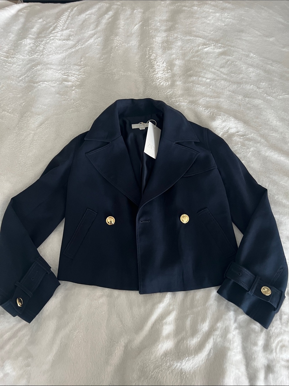 Zara Navy Cropped Blazer with Gold Buttons